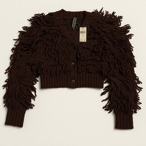 Anthropologie Brown Fringe Shag Knit Cardigan NWT Size M